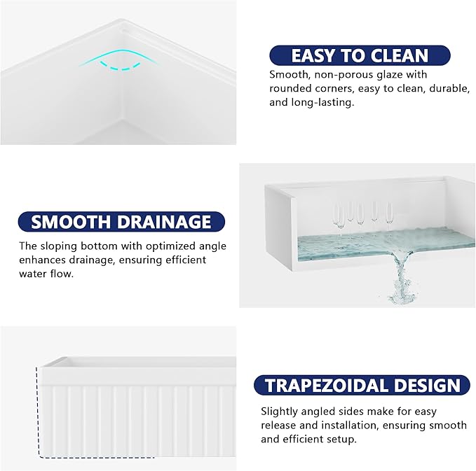 DeerValley 33" L x 20" W Farmhouse Workstation Kitchen Sink, Reversible Fireclay Deep Single Bowl Apron Front Kitchen Sink, White Undermount Farm Sink with Ledge and Accessories
