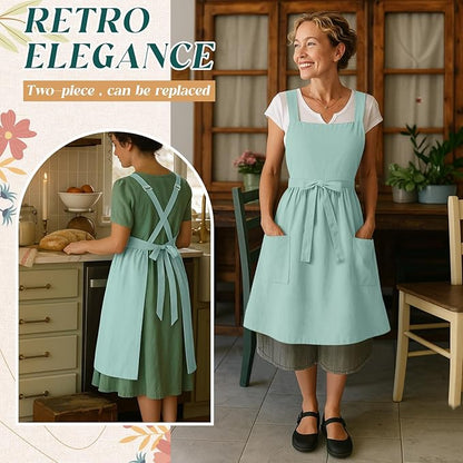 100% Cotton Aprons with Pockets Pinafore Dress for Women Vintage Cute Aprons for Kitchen Baking Gardening Painting