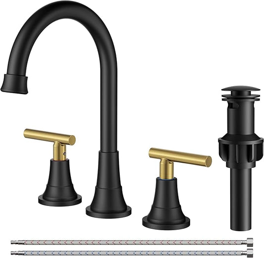 FORIOUS 8 Inch Widespread Bathroom Faucet Black and Gold, 2 Handle Mix Color Rv Matte Black and Brushed Gold Bathroom Sink Faucet 3 Hole, with 360° Rotating Spout, Pop-up Drain, and Supply Line