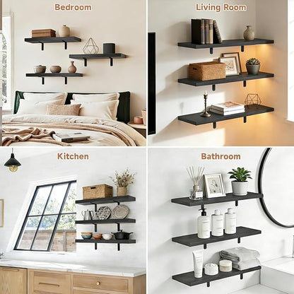 Easy Install Wall Shelves with Bracket,15.7Inch Wall Mounted Wood Floating Wall Shelves,Small Wall Shelves for Storage&Wall Decor, Living Room, Kitchen, Office,Corner Shelf for Bathroom,Set of 3,Black