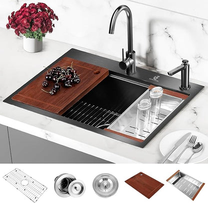 30 Inch Stainless Steel Kitchen Sink 16 Gauge Drop In Single Bowl Workstation Sink 2-Hole Top Mount Kitchen Basin with 5 Accessories (Black)