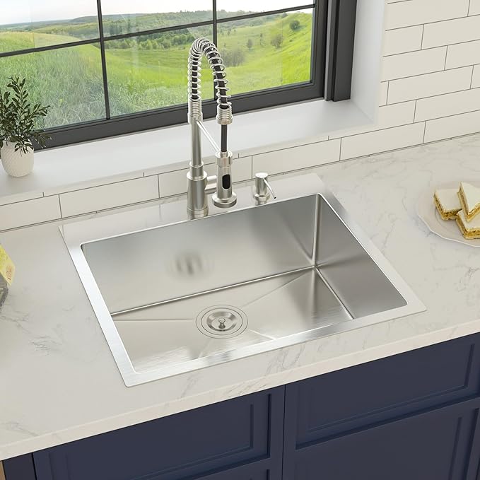 25 Inch Drop in Kitchen Sink 25x22 Drop in Kitchen Sink 16 Gague Topmount Stainless Steel Single Bowl Handmade Sinks Large Deep Basin 25"x22"x9"