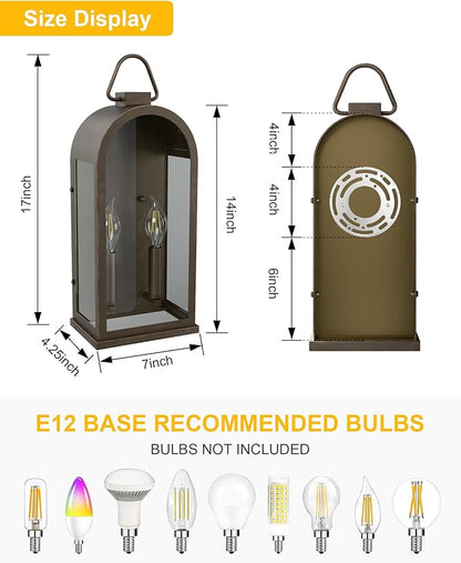 Outdoor Wall Light Fixtures, 2-Light Porch Lights Outdoor, Matte Bronze Exterior Waterproof Wall Sconce with Glass Shade, Outside Lantern for House Garage Doorway Patio Entryway, E12 Socket