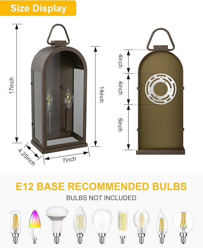 Outdoor Wall Light Fixtures, 2-Light Porch Lights Outdoor, Matte Bronze Exterior Waterproof Wall Sconce with Glass Shade, Outside Lantern for House Doorway Patio Entryway, E12 Socket, 2 Pack