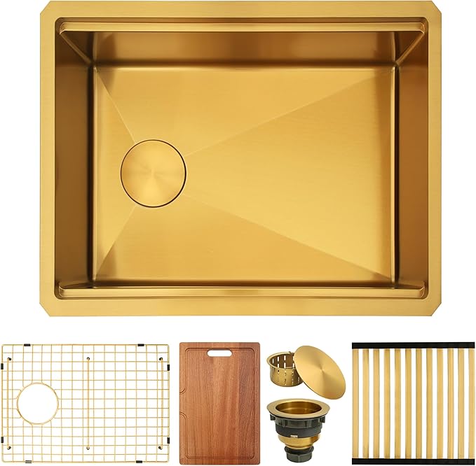 Kitsitchen Gold Undermount Kitchen Sink 23 Inch,16 Gauge Stainless Steel Single Bowl Undermount Sink,Workstation Kitchen Sinks with Accessories,Round Corner & Offset Drain Design (23" X 18"X 10")