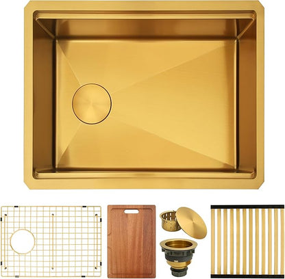 Kitsitchen Gold Undermount Kitchen Sink 23 Inch,16 Gauge Stainless Steel Single Bowl Undermount Sink,Workstation Kitchen Sinks with Accessories,Round Corner & Offset Drain Design (23" X 18"X 10")