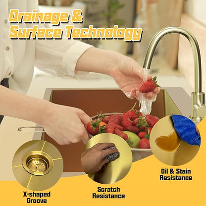Gold 50/50 Double Bowl Kitchen Sink, 33"x 22" Stainless Steel Drop In Kitchen Sink Gold Topmount Sink With Gold-tone Accessories-Rack,Grid And Drain Assembly Add Luxurious Look For Modern Kitchen