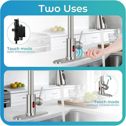 Touchless Kitchen Faucet with Pull Down Sprayer - Brushed Nickel Single Handle Kitchen Faucets, High Arc Stainless Steel Pull Out Kitchen Sink Faucet with Deck for RV Laundry Farmhouse Bar