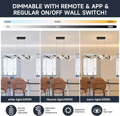 ORANOOR Modern LED Pendant Lights, Dimmable 39'' Spiral Wave LED Chandelier Lighting, Linear Swivel Black Dining Room Hanging Light Fixtures Kitchen Island Pendant Light for Dining Table (2340lm)