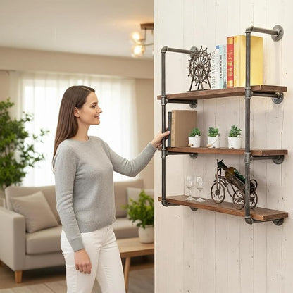 BIXIRAO Industrial Wall Mounted Iron Floating Pipe Shelves/Shelving/Racks/Storage/Bookcases/Brackets, DIY Open Bookshelves, Retro Black (4-Tier Shelf Brackets with 3 Boards)