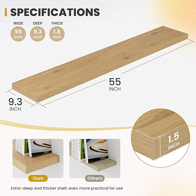 Acovy 55 Inch Floating Shelves, 9.3" Deep Floating Shelf Wall Mounted, 56" Wall Shelves, Rustic Deep Bookshelf, Large Display Shelves & Storage Shelves for Bedroom, Living Room, Oak, Set of 1