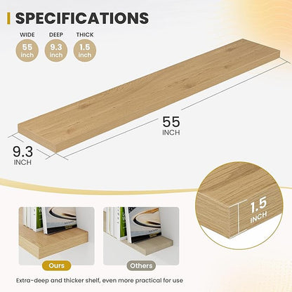 Acovy 55 Inch Floating Shelves, 9.3" Deep Floating Shelf Wall Mounted, 56" Wall Shelves, Rustic Deep Bookshelf, Large Display Shelves & Storage Shelves for Bedroom, Living Room, Oak, Set of 1