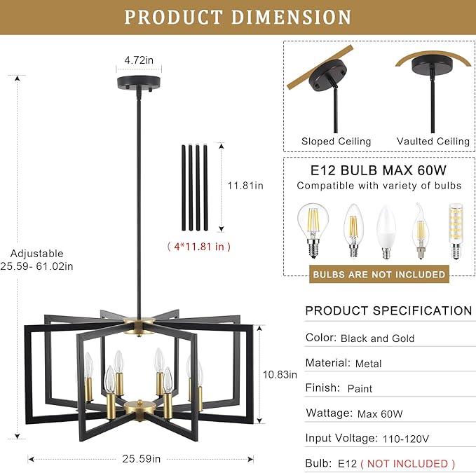 Black and Gold Chandelier 8 Light Large Farmhouse Geometric Chandelier for Dining Room Kitchen Chandeliers Over Table Metal Modern Pendant Lighting Fixtures for Living Room Entryway Foyer Hallway