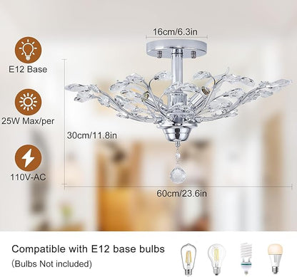 Ganeed Crystal Ceiling Light, K9 Crystal Chandeliers, Vintage Frozen Crystal Branch Close to Ceiling Lighting Fixtures with 4-Light for Living Room Dining Room Bedroom Restaurant Entryway (Chrome)