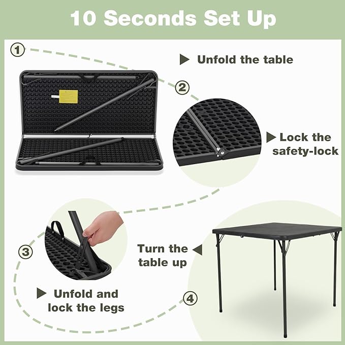 34" Square Folding Table for 4 Person, 330lbs Weight Capacity Foldable Table with HDPE Tabletop & Heavy-Duty Steel Legs, Large Portable Picnic Table for Indoor Outdoor Parties, Camping, Grey