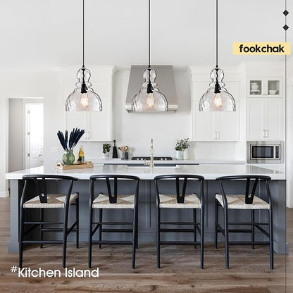 Hammered Glass Pendant Light for Kitchen Island Black Pendant Hanging Light 10inch Large Glass Pendant Lights for Kitchen Sink Dining Room Hallway Entrance, 10in, E26
