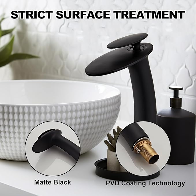 Wovier Matte Black Waterfall Bathroom Faucet,Single Handle Single Hole Brass Lavatory Vanity Vessel Faucet,Slanted Body Basin Mixer Tap Tall Body with Supply Hose and Pop Up Drain Assembly
