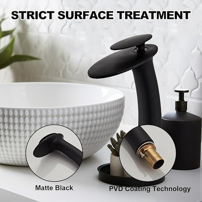 Wovier Matte Black Waterfall Bathroom Faucet,Single Handle Single Hole Brass Lavatory Vanity Vessel Faucet,Slanted Body Basin Mixer Tap Tall Body with Supply Hose and Pop Up Drain Assembly