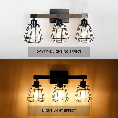 Farmhouse Vanity Light for Bathroom,3-Light Rustic Wooden Industrial Wall Lighting Fixture Over Mirror,Modern Matte Black Metal Cage Wall Sconce for Hallway,Kitchen,Bedroom