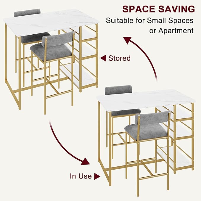Bar Table Set for 2 with 3 Storage Shelves, Space-Saving Kitchen Table & Chairs with PU Cushions, Thick MDF Wood Top and Steel Frame for Apartment and Bistros - Gold