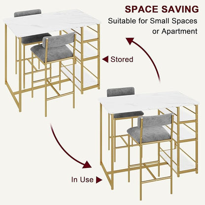 Bar Table Set for 2 with 3 Storage Shelves, Space-Saving Kitchen Table & Chairs with PU Cushions, Thick MDF Wood Top and Steel Frame for Apartment and Bistros - Gold