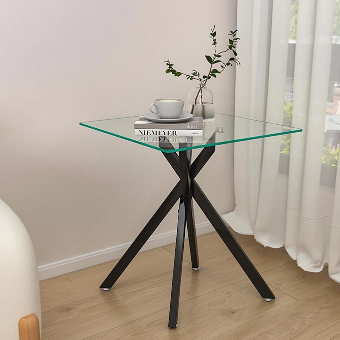 Square Side Table with X-Shaped Chrome Metal Base, Tempered Glass End Tables Small End Table, Living Room Sofa Couch Side Table, Modern Bedsde Tables Bedroom Night Stand, Black Nightstand