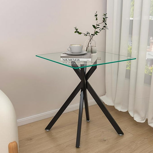 Square Side Table with X-Shaped Chrome Metal Base, Tempered Glass End Tables Small End Table, Living Room Sofa Couch Side Table, Modern Bedsde Tables Bedroom Night Stand, Black Nightstand