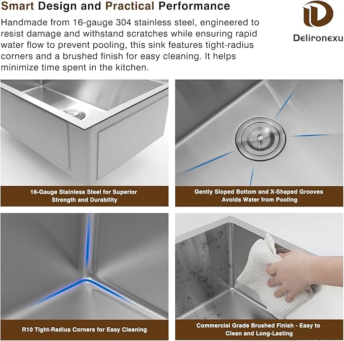 30 Inch Undermount Kitchen Sink - Delironexu 16 Gauge Stainless Steel Handmade Single Bowl Kitchen Sinks with Brushed Finish and Accessories, Modern Sink,30"x18"x9"