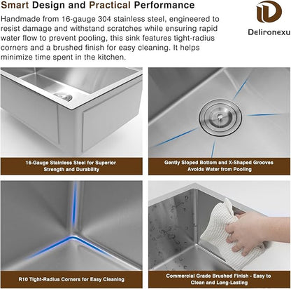30 Inch Undermount Kitchen Sink - Delironexu 16 Gauge Stainless Steel Handmade Single Bowl Kitchen Sinks with Brushed Finish and Accessories, Modern Sink,30"x18"x9"