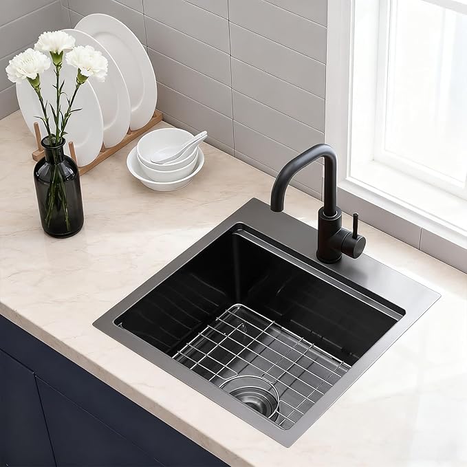 18x18" Gunmetal Black Drop In Bar Sink, Stainless Steel Workstation Topmount 9 Inch Deep Single Bowl Kitchen Prep RV Sink with Cutting Board
