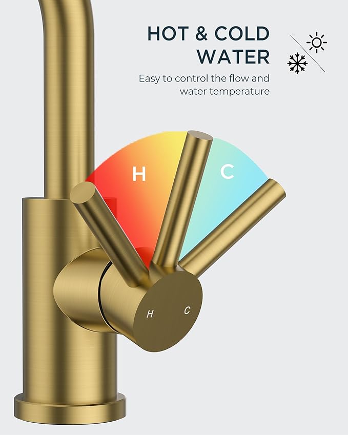 FORIOUS Brushed Gold Bathroom Faucet 1 Hole Single Handle 360° Swivel Gooseneck Spout, with Metal Pop Up Drain and cUPC Supply Line, Suitable for Wet Bar Kitchen RV Vanity Restroom