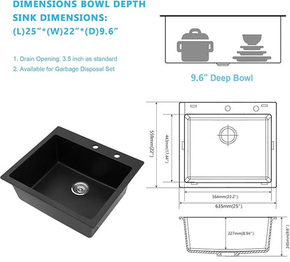 Kichae 25 Granite Composite Kitchen Sink - 25"x22" Grainte Quartz Drop In Topmount Black Deep Single Bowl Basin