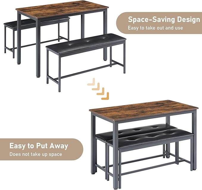 Dining Table Set for 4, Wood Kitchen Table & Chair with 2 Upholstered Benches for Breakfast Nook and Small Space, Brown