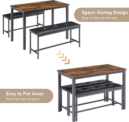 Dining Table Set for 4, Wood Kitchen Table & Chair with 2 Upholstered Benches for Breakfast Nook and Small Space, Brown