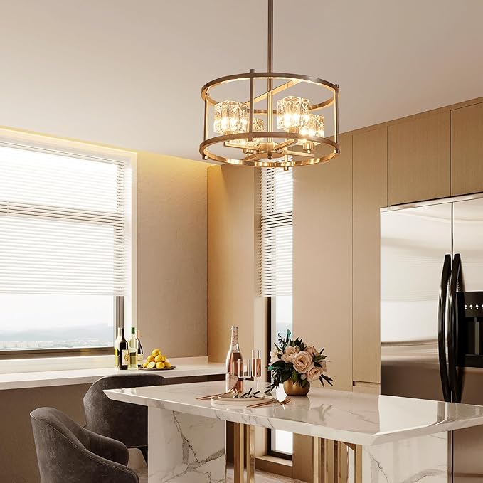 Brushed Nickel Ceiling Light Modern 4-Light Pendant Lighting Fixture 15.7" Adjustable Height Chandeliers with Glass Lampshade Rustic Round Lights for Bedroom Dining Room Kitchen Foyer
