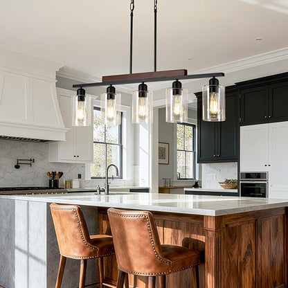 Farmhouse Dining Room Light Fixture: Modern 5-Light Kitchen Island Hanging Lighting with Glass Shade, Matte Black Industrial Linear Chandelier Over Table