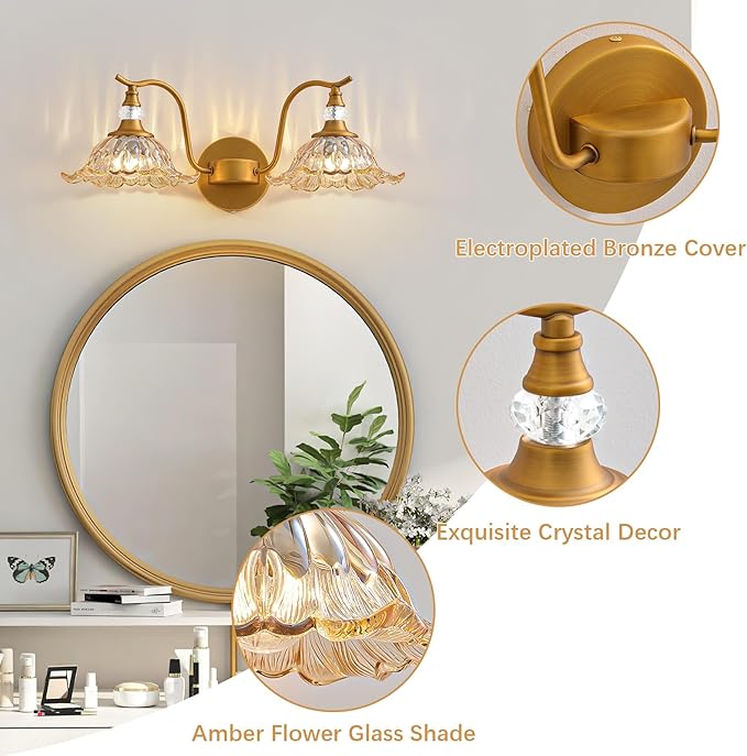 Vintage Bathroom Vanity Light Fixtures - 2 Light Antique Brass Bathroom Lights Fixture Over Mirror with Amber Flower Glass,Retro Brushed Gold Bronze Wall-Mounted Vanity Lighting for Powder Room