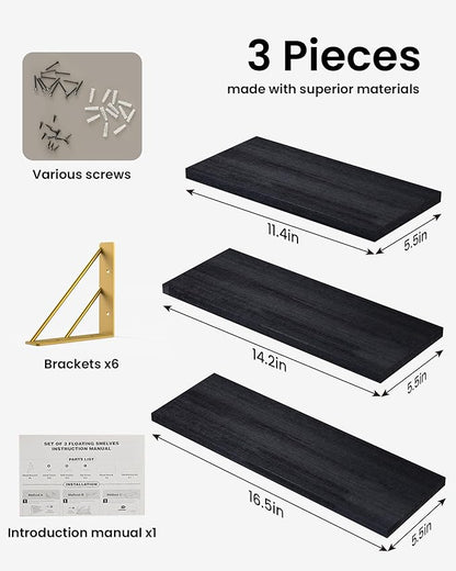 BAYKA Wall Shelves for Bedroom Decor, Floating Shelves for Living Room Kitchen Storage, Mounted Rustic Wood Floating Shelves for Kids Books, Corner Shelves for Bathroom, Office(Black Gold,Set of 3)