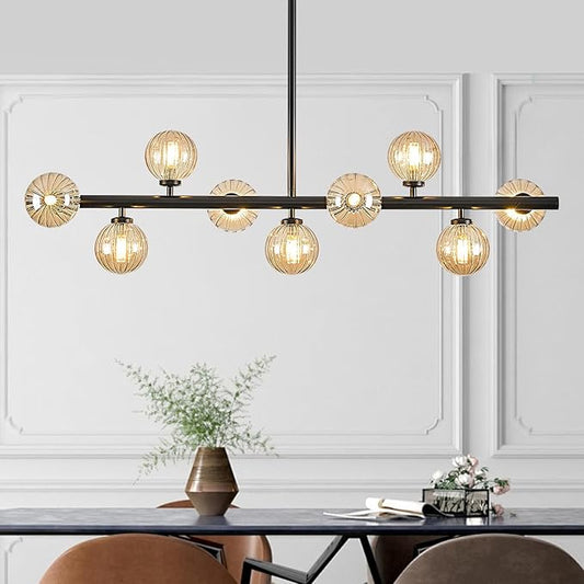 Mid Century Modern Glass Globe Sputnik Chandelier, 9-Light Linear Chandeliers for Dining Room, Kitchen Island, Living, Dining Room Light Fixture Over Table, Black and Amber Bubble, 40 Inch