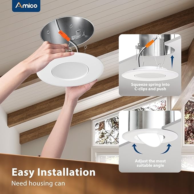 Amico 12 Pack 6 Inch Retrofit Eyeball Gimbal Can Lights, Adjustable Eyeball Directional 5CCT LED Recessed Lights, Dimmable, 2700K/3000K/3500K/4000K/5000K Selectable, 10W 950LM, ETL&FCC