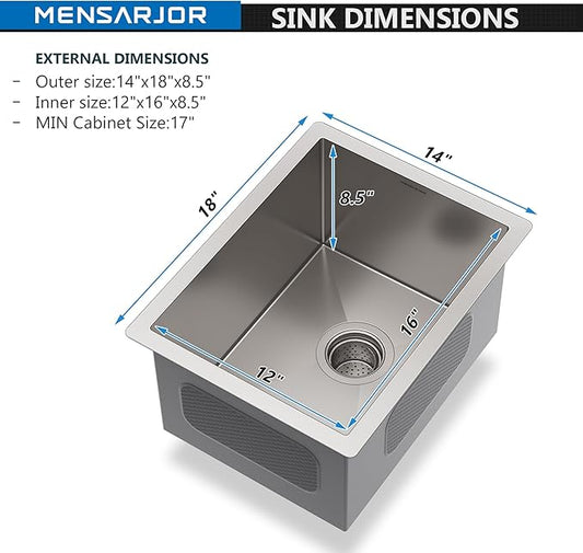 MENSARJOR 14 x 18 Inch Undermount Sink, 16 Gauge Stainless Steel, Handmade for Kitchen, Bar, or Outdoor Use