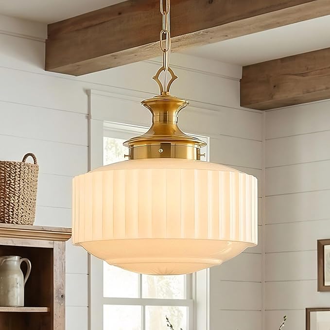 Vintage Schoolhouse Pendant Light 14" Milk Glass Pendant Light Farmhouse Brass Gold Chandelier Glass Pendant Light Fixture for Kitchen Island Lighting, Dining Room, Foyer