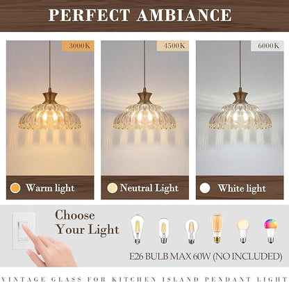 Amber Glass Pendant Lights, 2Pack Brushed Gold Lighting 11.8" Glass Light Fixtures Modern Glass Chandelier Vintage Hanging Ceiling for Kitchen Island Dining Room Restaurant Bedroom Foyer