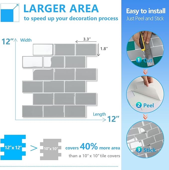 STICKGOO 10-Sheet Subway Tiles Self Adhesive Kitchen Splashbacks, Peel and Stick Wall Tile Stickers, Stick on Tiles Splashback (Light Grey, Thicker Design)