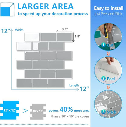 STICKGOO 10-Sheet Subway Tiles Self Adhesive Kitchen Splashbacks, Peel and Stick Wall Tile Stickers, Stick on Tiles Splashback (Light Grey, Thicker Design)