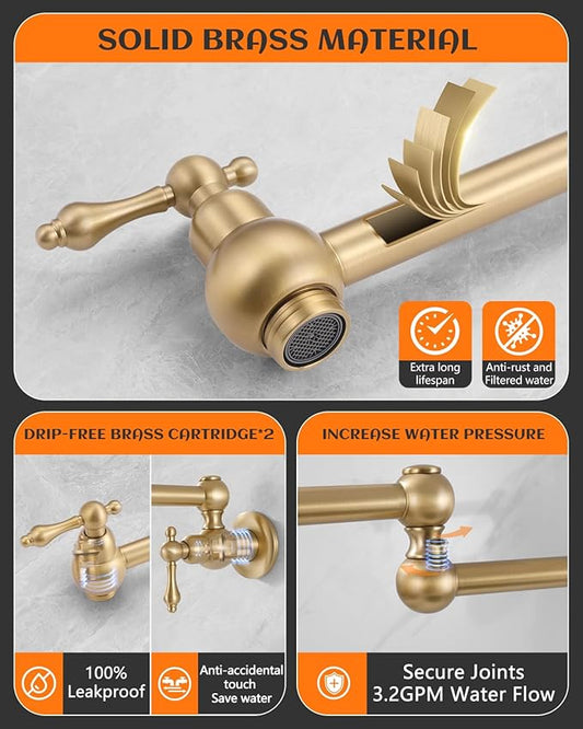 Gold Pot Filler, Brushed Brass Pot Filler Faucet Wall Mount, Potfiller, Vintage Pot Filler Over The Stove Faucet with Two Handles Strechable Double Joint Swing Arms