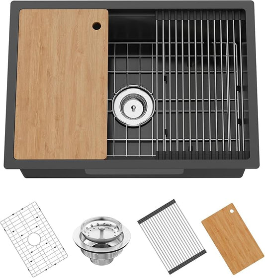 Black Kitchen Sink Workstation,27"x19" Stainless Steel Undermount Single Bowl Sink Built-in Ledge Drop In Workstation Sink Design For Placing/Sliding Accessories-Cutting Board And Drying Rack