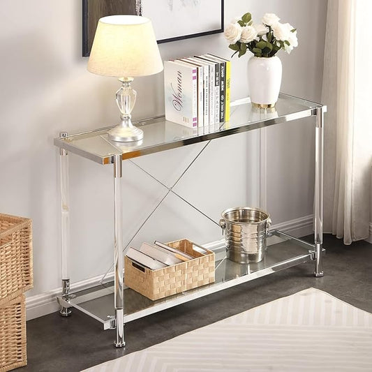 Silver Console Table with Chrome Metal Frame, 2-Tier Rectangular Clear Glass Acrylic Console Table with Storage Shelf, Narrow Hallway Tables Modern Entryway Tables for Living Room