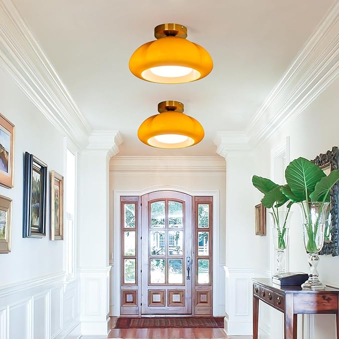 Bofea-Mid Century Modern Orange Milk Glass Ceiling Light,Vintage Gold Semi Flush Mount Ceiling Light with Orange Glass,11.8 in Small Hallway Lights,Farmhouse Semi Flush Lights for Bedroom,Foyer