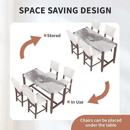 Merax 5-Piece Counter Height Dining Set with 1 Faux Marble Top Bar Table and 4 Upholstered Chairs, Mid-Century Modern Kitchen Table Set for Dining Room, Pub Kitchen